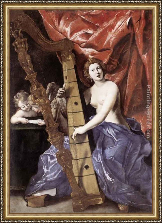 Framed Giovanni Lanfranco venus playing the harp (allegory of music) painting