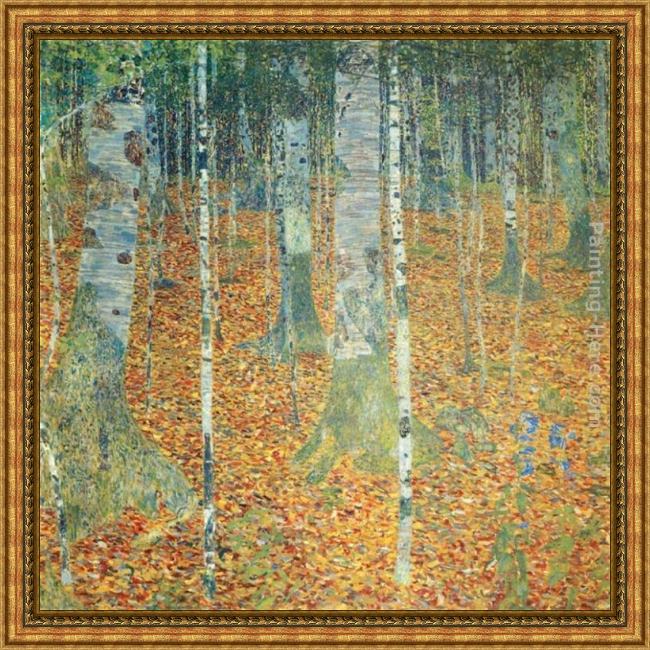 Framed Gustav Klimt birch forest painting
