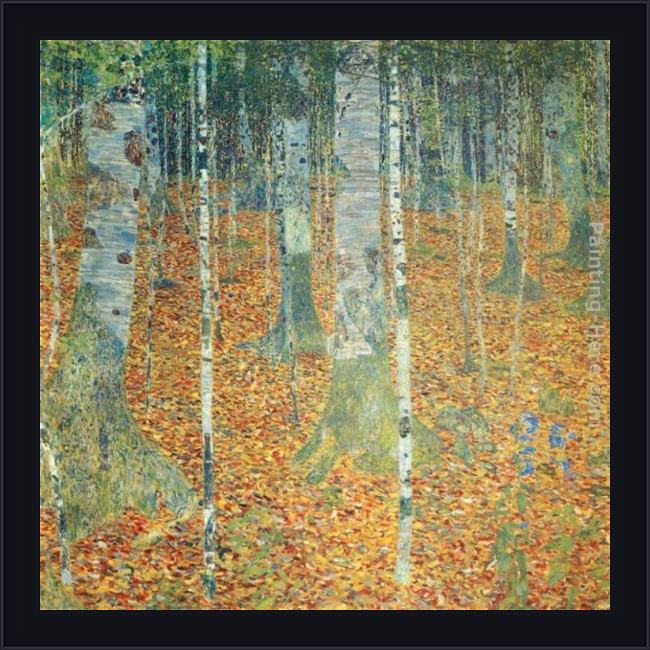 Framed Gustav Klimt birch forest painting