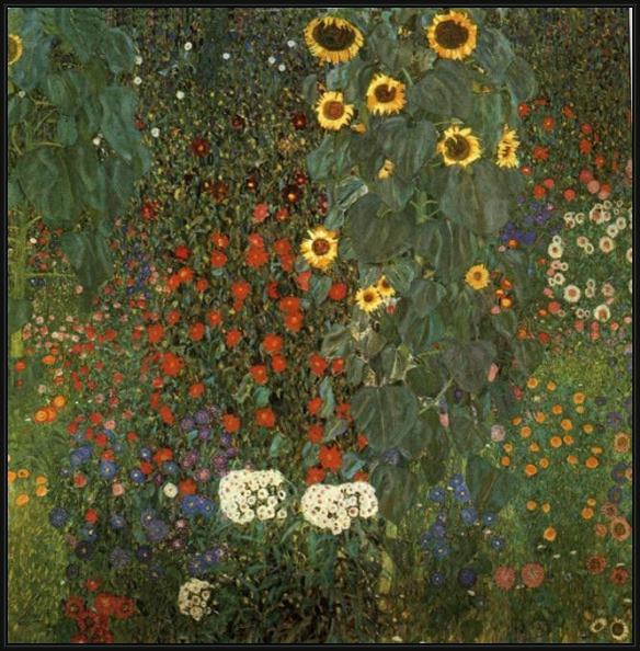 Framed Gustav Klimt country garden with sunflowers painting