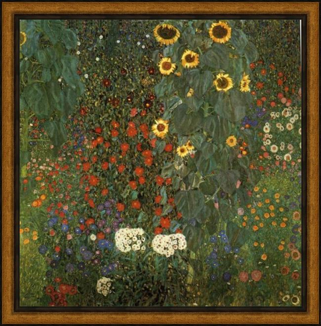 Framed Gustav Klimt country garden with sunflowers painting