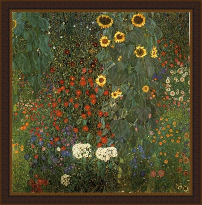 Framed Gustav Klimt country garden with sunflowers painting