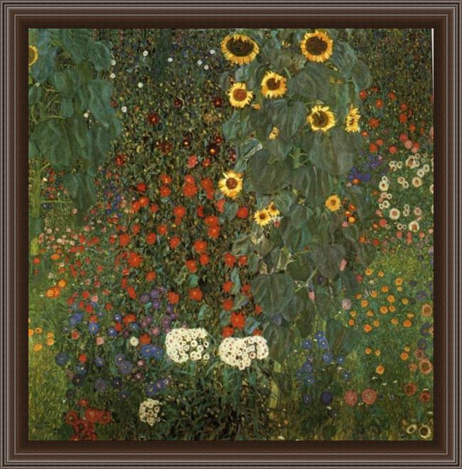 Framed Gustav Klimt country garden with sunflowers painting