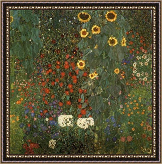 Framed Gustav Klimt country garden with sunflowers painting