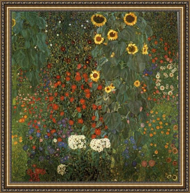 Framed Gustav Klimt country garden with sunflowers painting