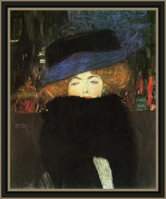 Framed Gustav Klimt lady with hat and feather boa painting