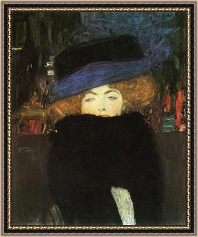 Framed Gustav Klimt lady with hat and feather boa painting