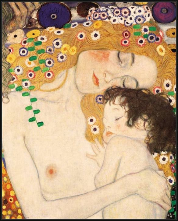 Framed Gustav Klimt mother and child detail from the three ages of woman painting