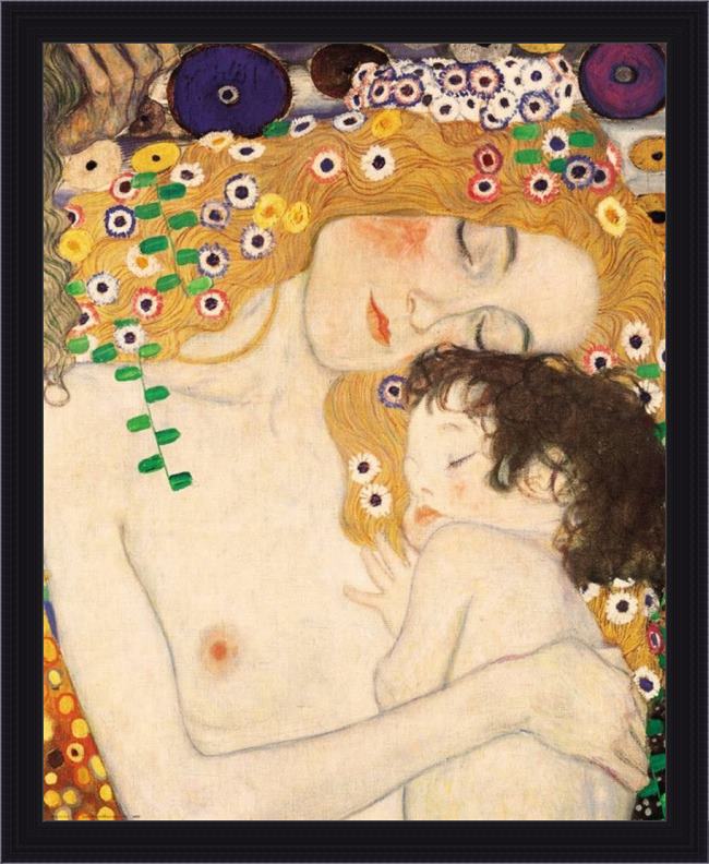 Framed Gustav Klimt mother and child detail from the three ages of woman painting