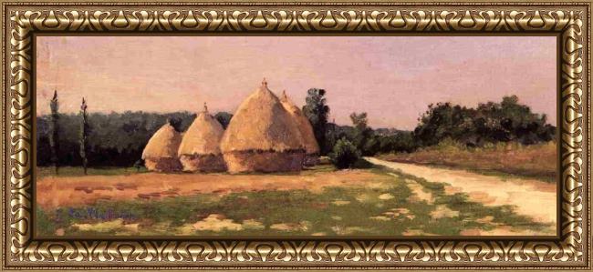 Framed Gustave Caillebotte landscape with haystacks painting