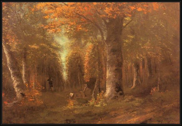 Framed Gustave Courbet forest in autumn painting