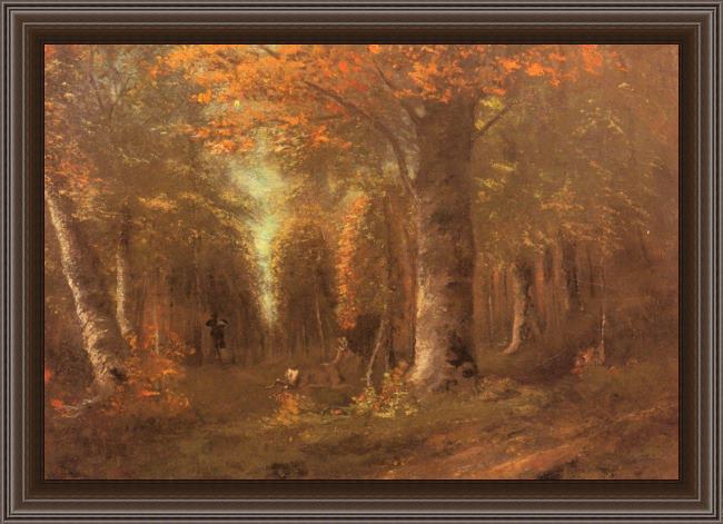 Framed Gustave Courbet forest in autumn painting