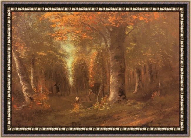 Framed Gustave Courbet forest in autumn painting