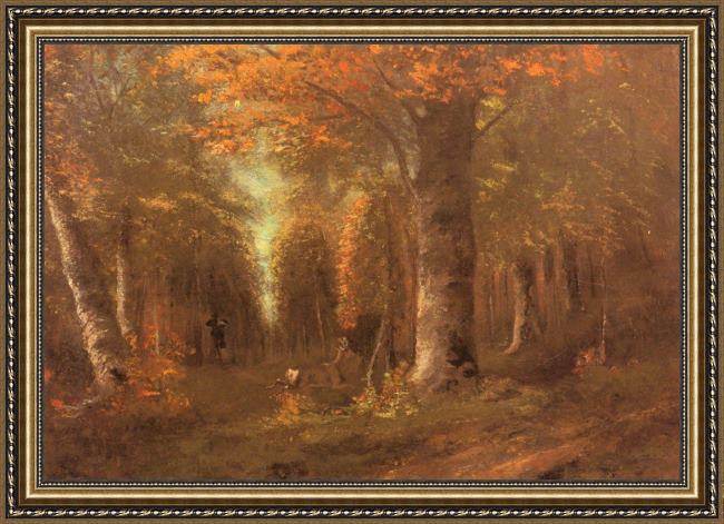 Framed Gustave Courbet forest in autumn painting