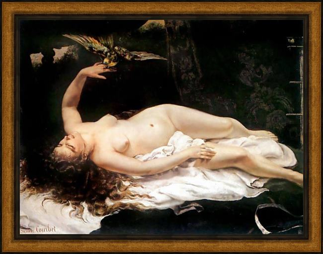 Framed Gustave Courbet woman with a parrot painting