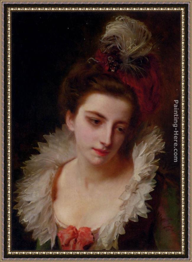 Framed Gustave Jean Jacquet portrait of a lady with a feathered hat painting