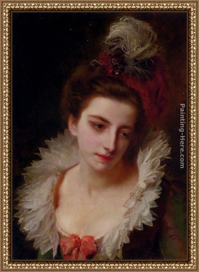Framed Gustave Jean Jacquet portrait of a lady with a feathered hat painting
