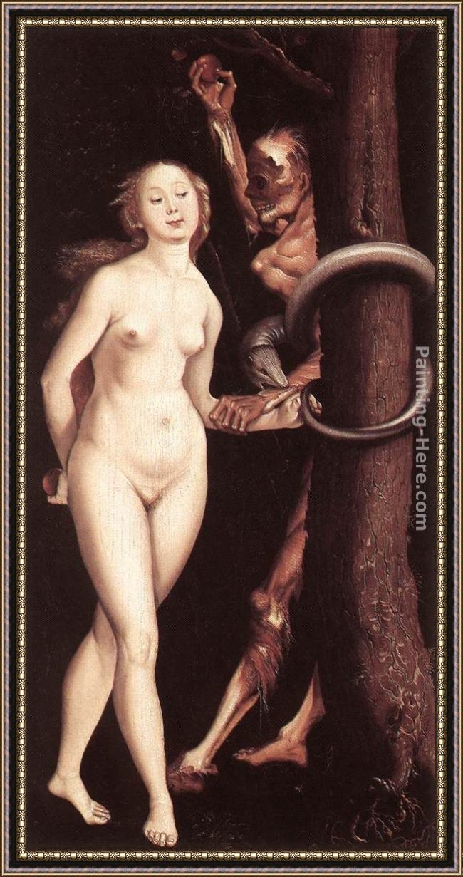 Framed Hans Baldung eve, the serpent, and death painting