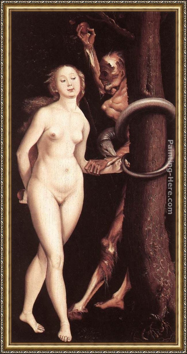 Framed Hans Baldung eve, the serpent, and death painting