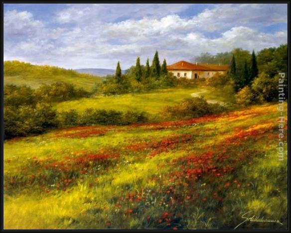 Framed Heinz Scholnhammer landscape with poppies i painting