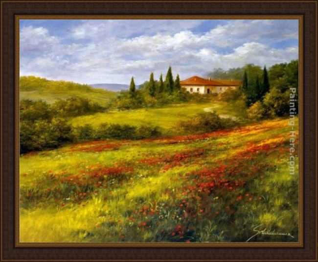 Framed Heinz Scholnhammer landscape with poppies i painting