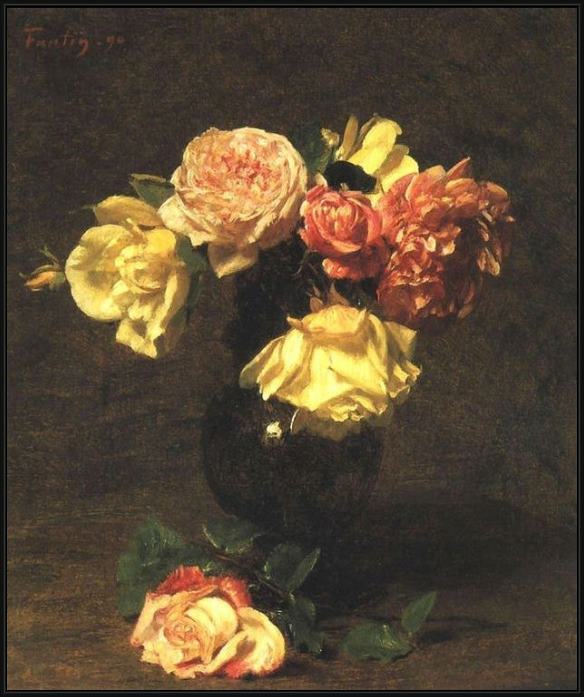 Framed Henri Fantin-Latour white and pink roses painting