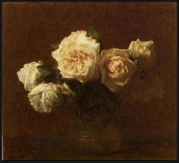 Framed Henri Fantin-Latour yellow pink roses in a glass vase painting