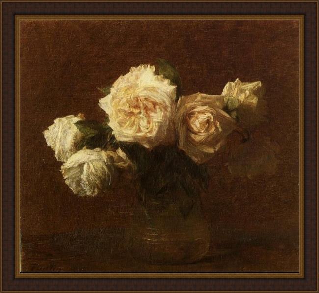 Framed Henri Fantin-Latour yellow pink roses in a glass vase painting