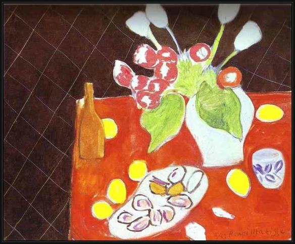 Framed Henri Matisse tulips and oysters on black background painting
