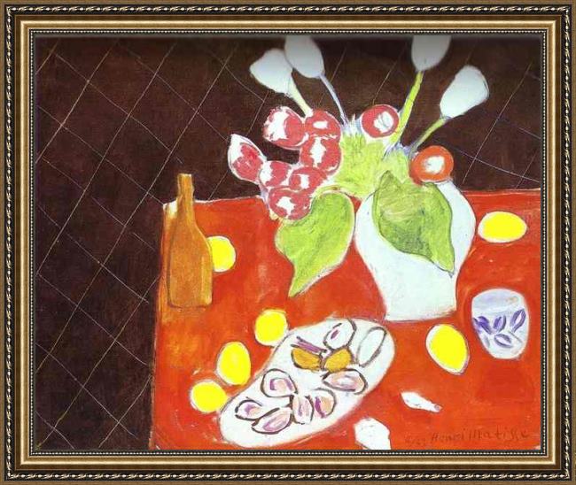 Framed Henri Matisse tulips and oysters on black background painting