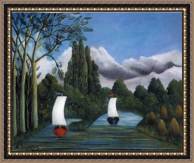 Framed Henri Rousseau banks of the oise painting