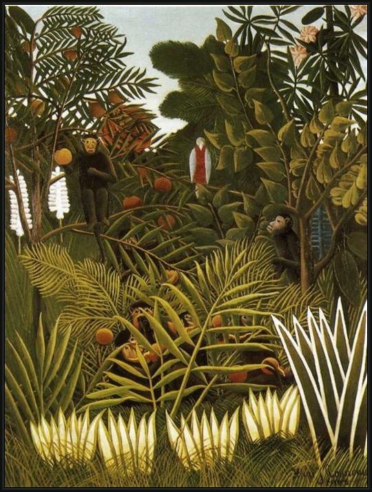 Framed Henri Rousseau exotic landscape painting