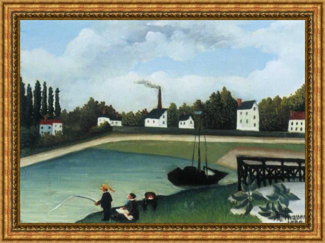 Framed Henri Rousseau family fishing painting