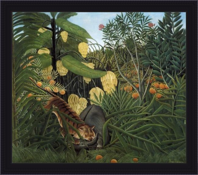 Framed Henri Rousseau fight between a tiger and a buffalo painting