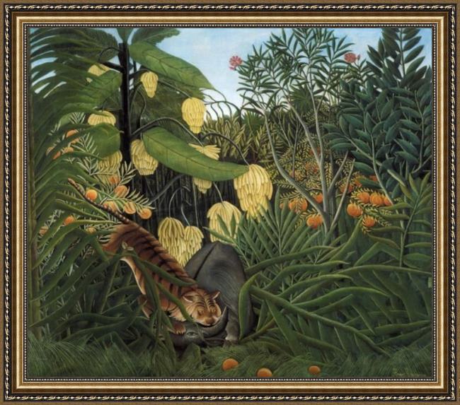 Framed Henri Rousseau fight between a tiger and a buffalo painting