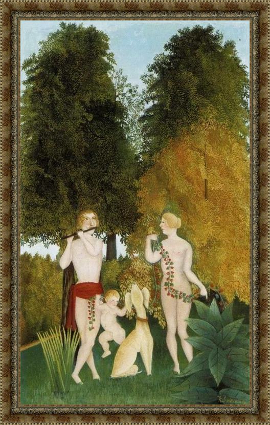 Framed Henri Rousseau happy quartet painting