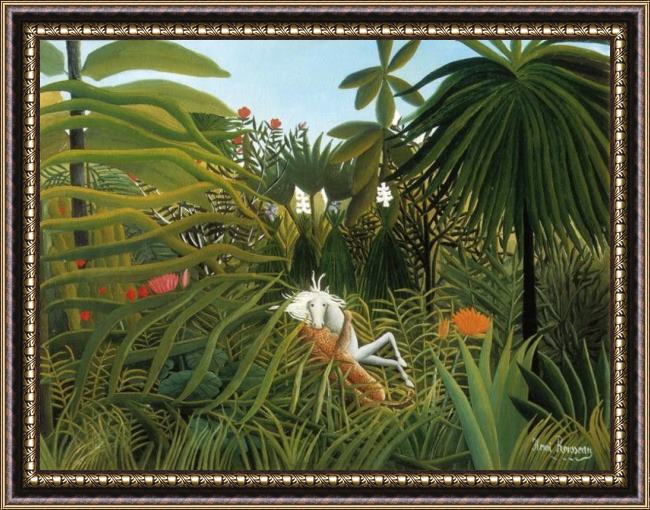 Framed Henri Rousseau horse attacked by a jaguar painting