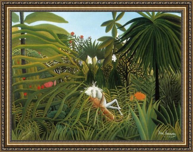 Framed Henri Rousseau horse attacked by a jaguar painting