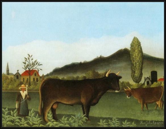 Framed Henri Rousseau landscape with cattle painting