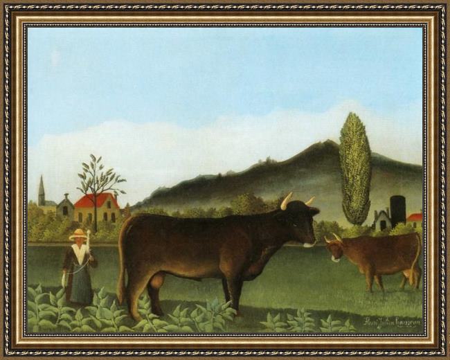 Framed Henri Rousseau landscape with cattle painting