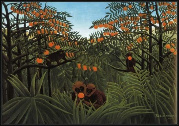 Framed Henri Rousseau monkeys in the jungle painting