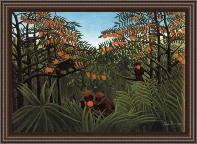 Framed Henri Rousseau monkeys in the jungle painting