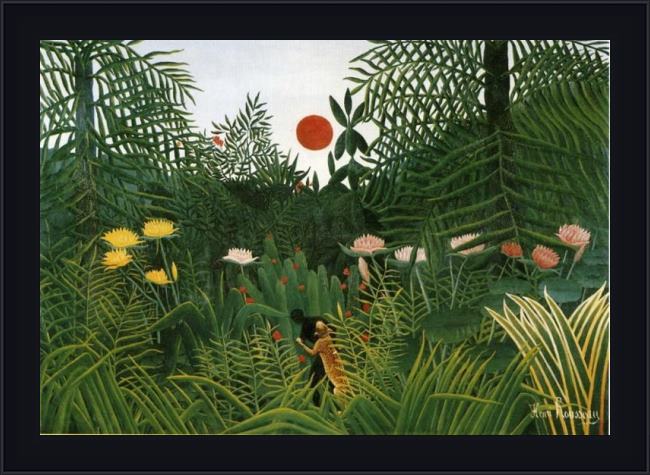 Framed Henri Rousseau negro attacked by a jaguar painting