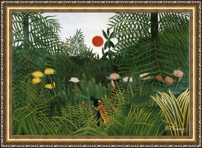Framed Henri Rousseau negro attacked by a jaguar painting