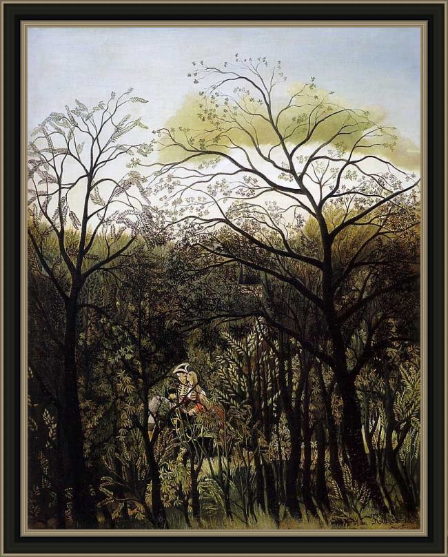 Framed Henri Rousseau rendezvous in the forest painting