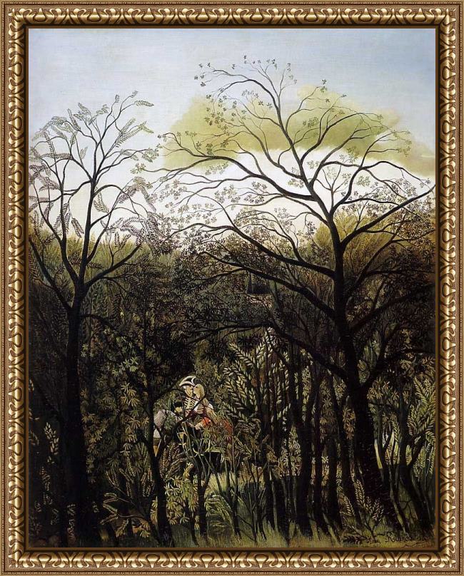 Framed Henri Rousseau rendezvous in the forest painting