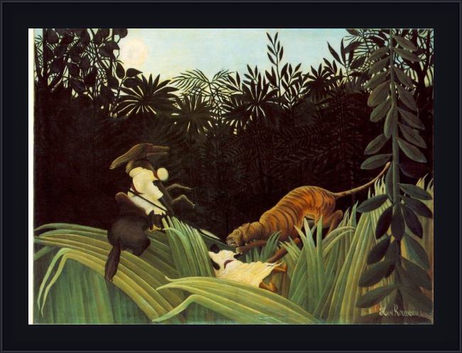 Framed Henri Rousseau scout attacked by a tiger painting