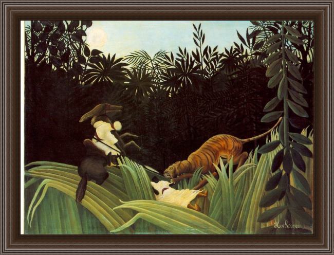 Framed Henri Rousseau scout attacked by a tiger painting