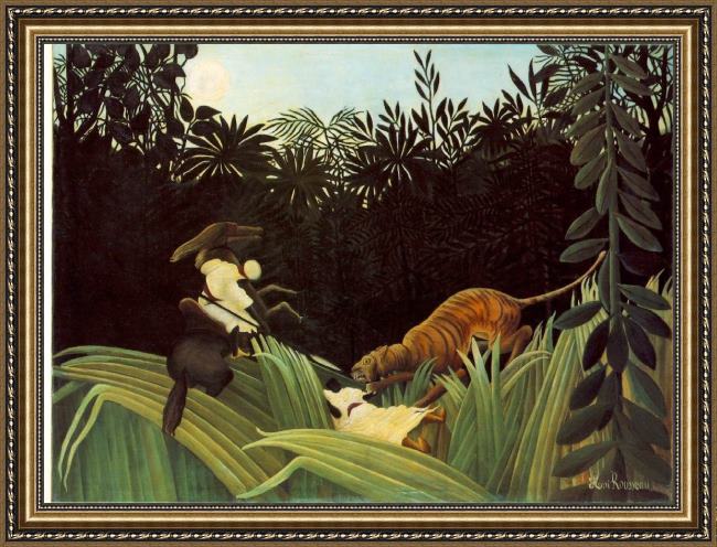 Framed Henri Rousseau scout attacked by a tiger painting