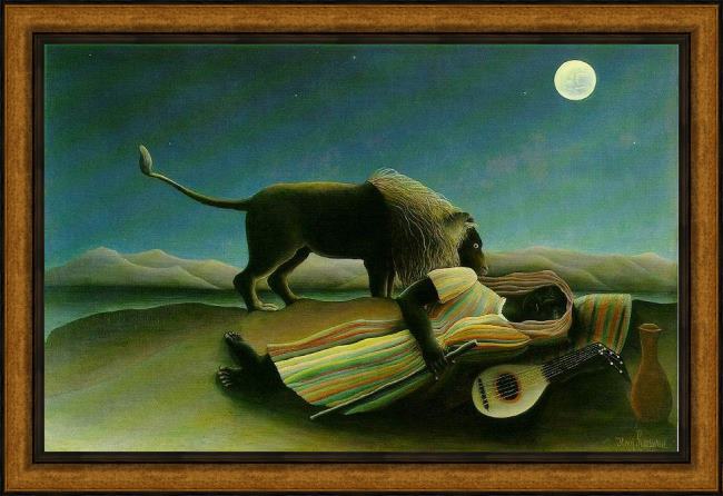 Framed Henri Rousseau sleeping gypsy painting